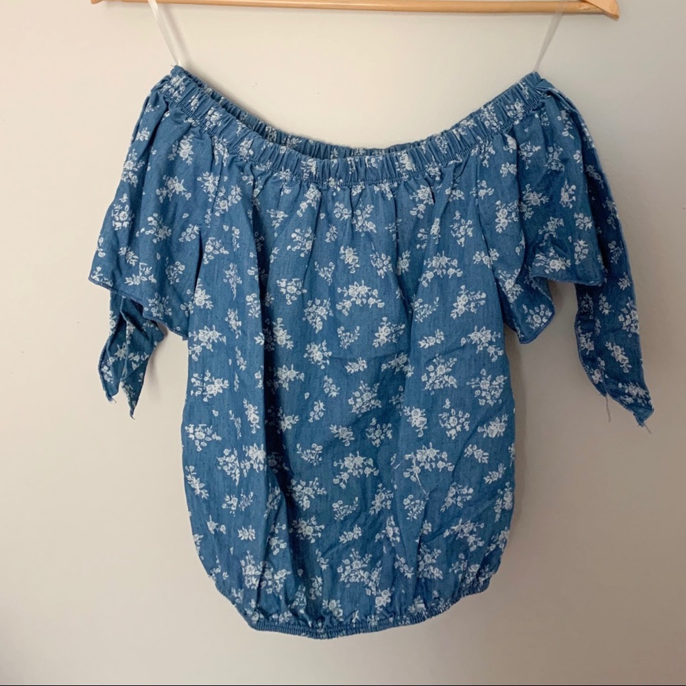 Off the shoulder chambray floral top with ties